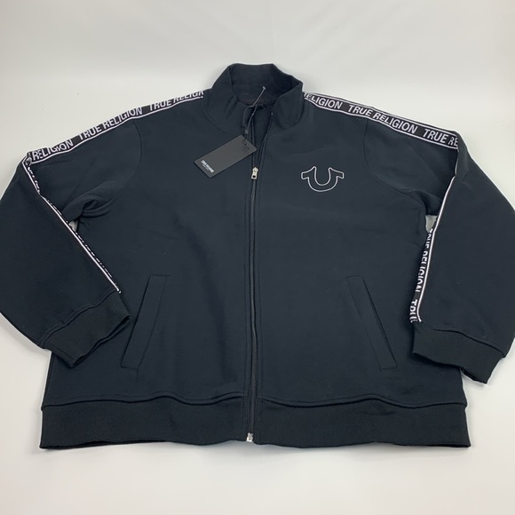 True Religion Black white Logo TrimTrack Jacket XL Zip up Pockets Fleece NWT - Picture 1 of 16